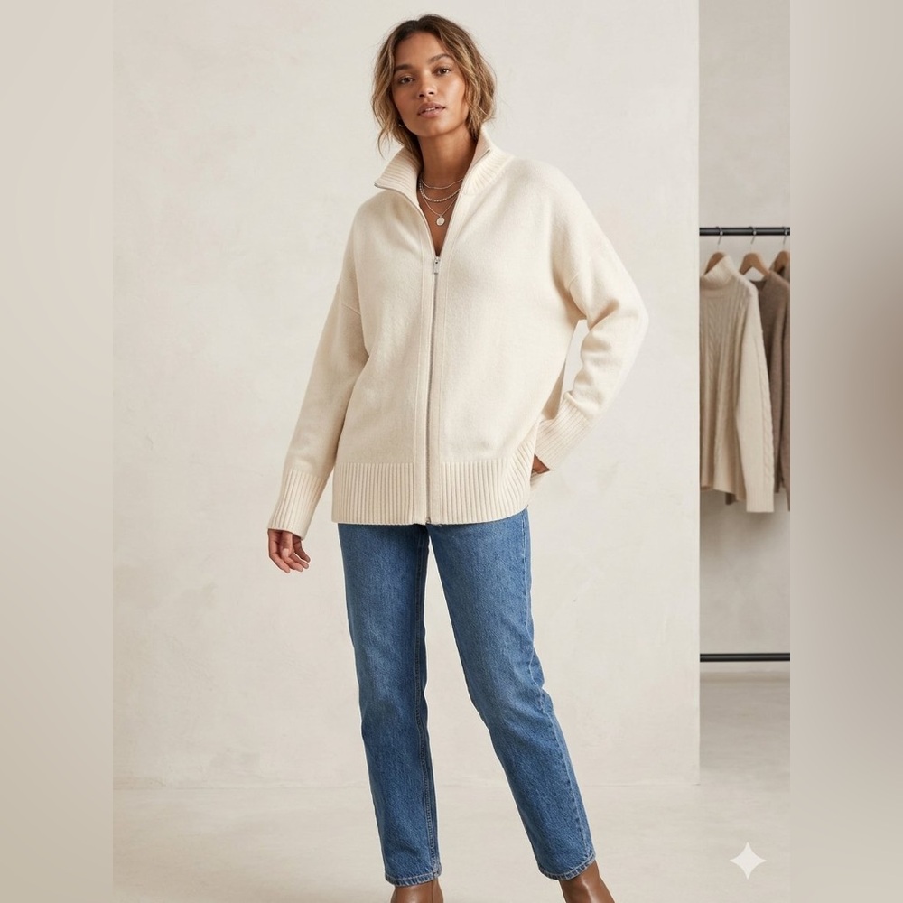 Lafayette 148 New York Cream Full-Zip Turtleneck Sweater